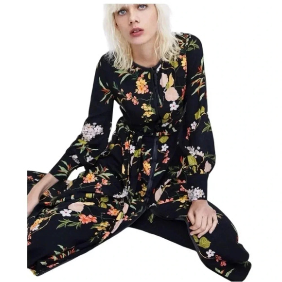 ZARA Black Floral Print Button Down Flowy Cottagecore Maxi Dress Size S - Picture 5 of 14